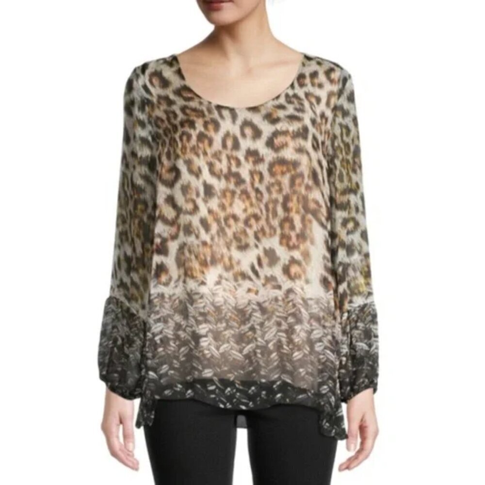 Le Marais Silk Peasant Blouse Animal Print Sheer Long Sleeve Womens Size Small